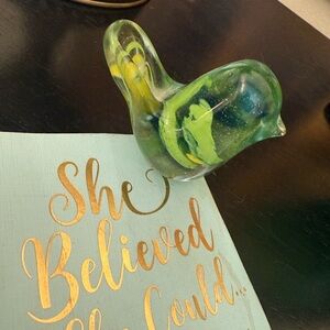 Glass Bird Figurine with Green and Yellow Accents